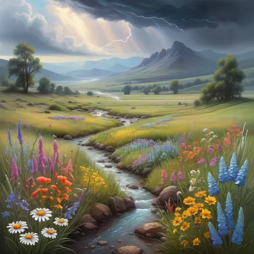 Prompt: misty meadow with creek and colorful and varied wildflowers, outdoor scene, retreating storm clouds, distant hills, highly detailed landscape, sci-fi fine arts illustration, oils