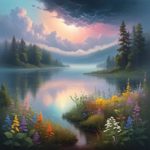 Prompt: vast misty lake in the forest, dense fog, vibrant banks with abundant, colorful and varied wildflowers, outdoor scene at dusk, retreating storm clouds, highly detailed landscape, sci-fi fine arts illustration, oils