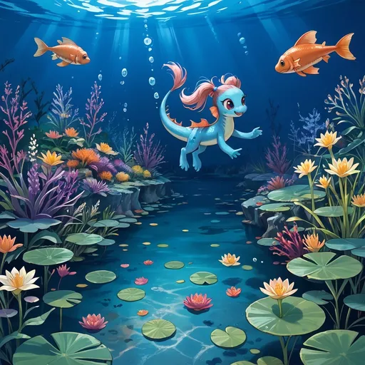 Prompt: schools of iridescent fish under the surface of pond with cattails, lily pads, dragonflies and vibrant banks with flowers, outdoor scene at night, highly detailed underwater nature scene, sci-fi fine arts illustration, oils