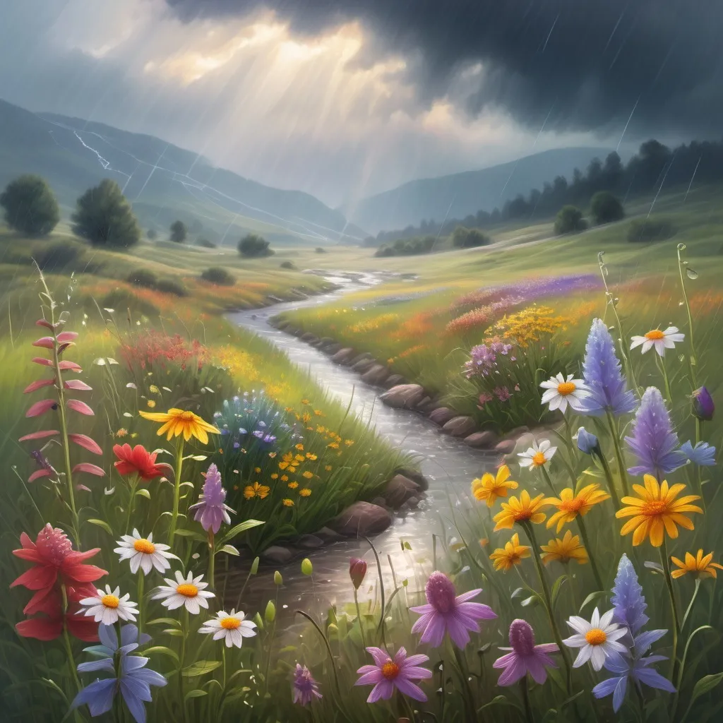 Prompt: close-up of rain-drenched flowers in misty meadow with creek and colorful and varied wildflowers, outdoor scene, retreating storm clouds, sun peeking through, distant hills, highly detailed landscape, sci-fi fine arts illustration, oils