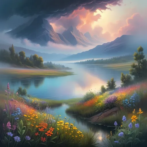 Prompt: vast misty lake in the valley, dense fog, vibrant banks with abundant, colorful and varied wildflowers, outdoor scene at dusk, retreating storm clouds, highly detailed landscape, sci-fi fine arts illustration, oils