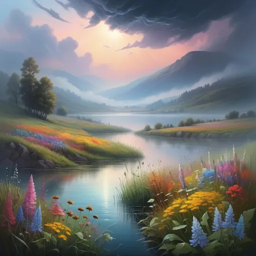 Prompt: misty lake in the hills, dense fog, vibrant banks with abundant, colorful and varied wildflowers, outdoor scene at dusk, retreating storm clouds, highly detailed landscape, sci-fi fine arts illustration, oils