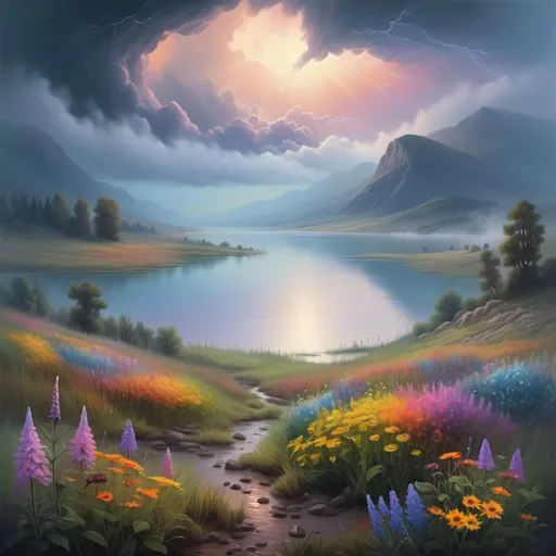 Prompt: vast misty lake in the valley, dense fog, vibrant banks with abundant, colorful and varied wildflowers, outdoor scene at dusk, retreating storm clouds, highly detailed landscape, sci-fi fine arts illustration, oils