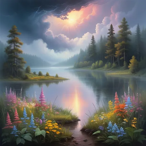 Prompt: vast misty lake in the forest, dense fog, vibrant banks with abundant, colorful and varied wildflowers, outdoor scene at dusk, retreating storm clouds, highly detailed landscape, sci-fi fine arts illustration, oils