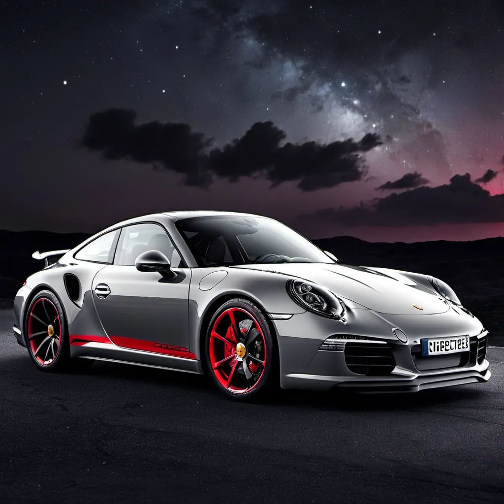 Prompt: grey Porsche 911, red and black seats, cloudy night sky, wallpaper for PC