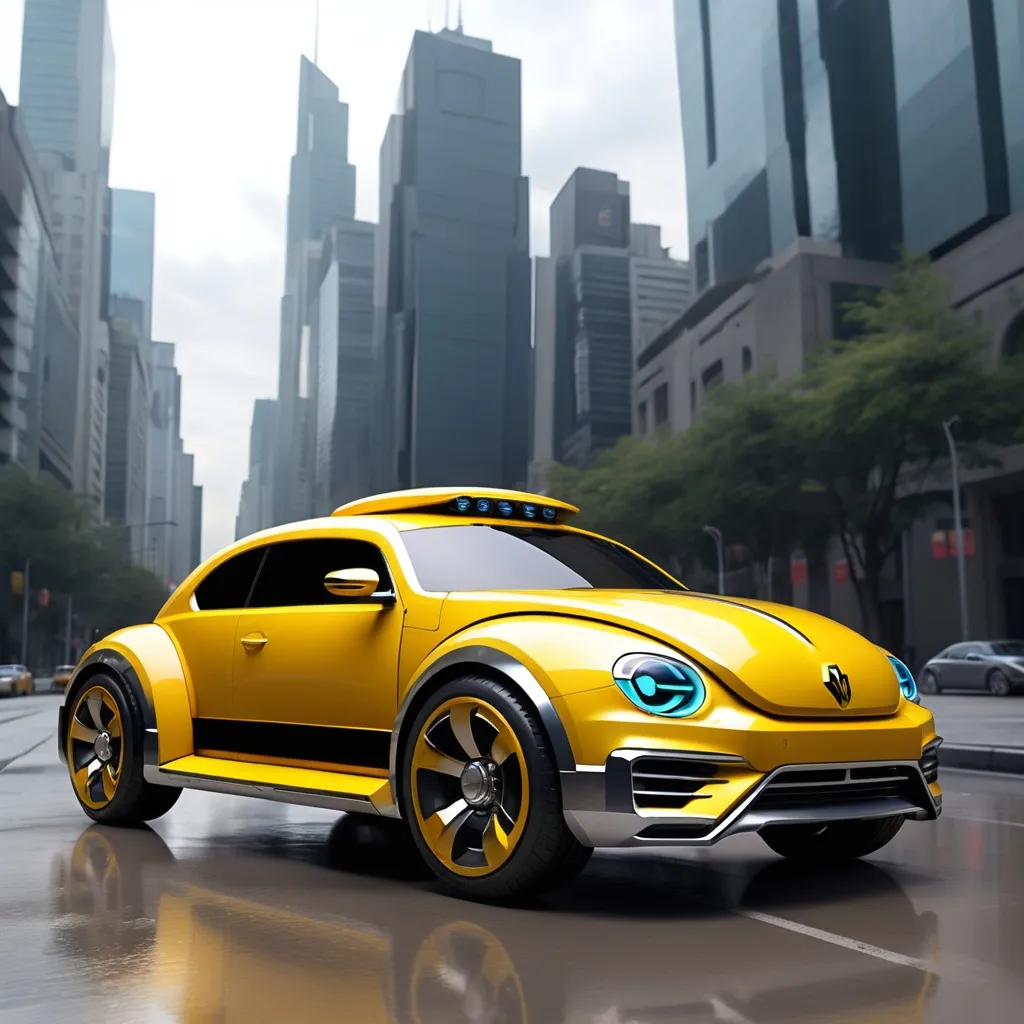 Prompt: Create a futuristic version of bumblebee the beetle car from transformers 