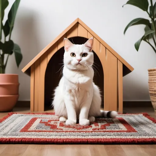 Prompt: make a cat sitting on a rug in a cute house