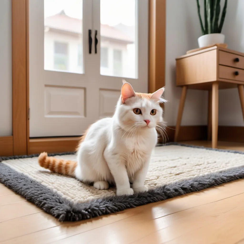 Prompt: make a cat sitting on a rug in a cute house