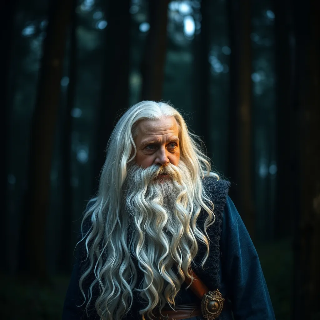 Prompt: A druid with a long, white beard in a forest to the night