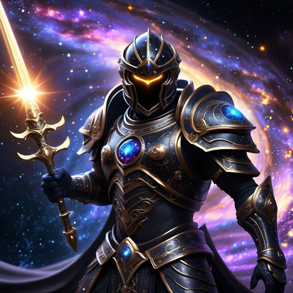 Prompt: (Black hole paladin), a mystical warrior adorned in dark, shimmering armor, wielding a sword infused with galaxy-like patterns, surrounded by swirling cosmic energies, dramatic lighting highlighting the celestial effect, deep space backdrop filled with stars and galaxies, an enigmatic and powerful ambiance, high detail, 4K resolution.