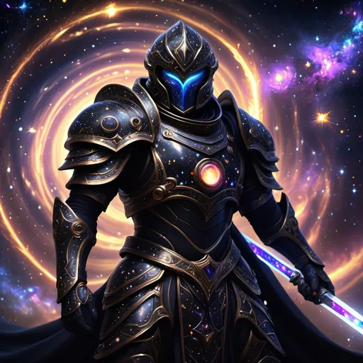 Prompt: (Black hole paladin), a mystical warrior adorned in dark, shimmering armor, wielding a sword infused with galaxy-like patterns, surrounded by swirling cosmic energies, dramatic lighting highlighting the celestial effect, deep space backdrop filled with stars and galaxies, an enigmatic and powerful ambiance, high detail, 4K resolution.