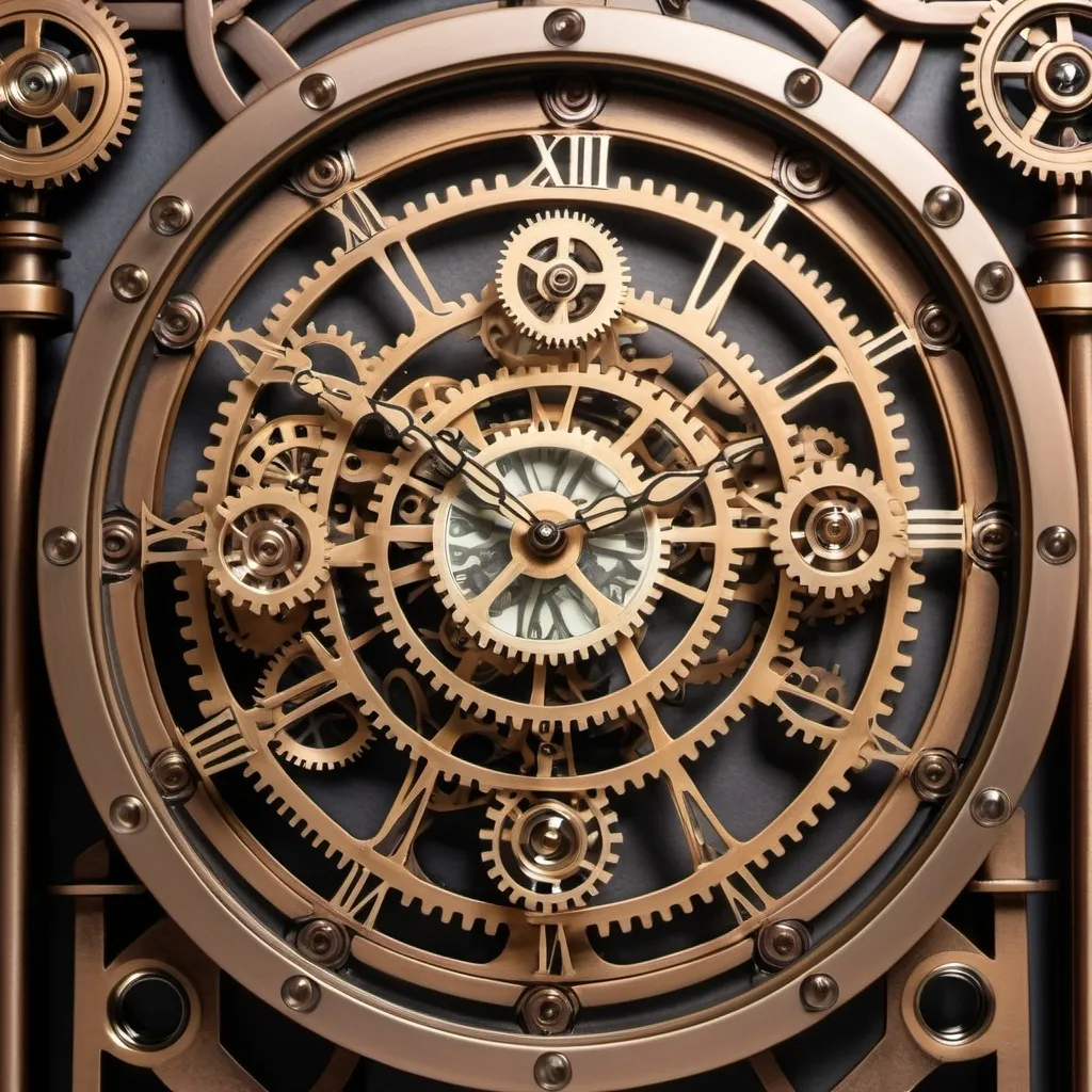 Prompt: close up shot of a steampunk-inspired mechanical clock with visible gears and a bronze finish in a victorian setting