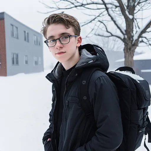 Prompt: a young man wearing glasses and a black jacket is standing outside in the snow with a backpack on his back, Cam Sykes, dada, kai carpenter, a character portrait sigma face 