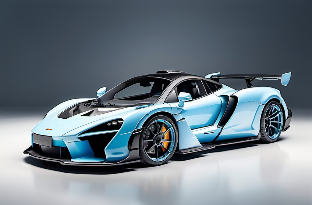 Prompt: A McLaren senna in baby blue with clear spoiler and clear rims with white accents 