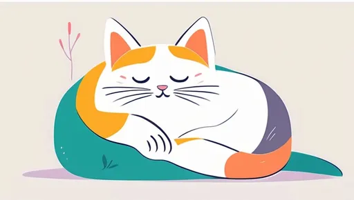 Prompt: illustration character design, cartoonish whimsical style, bright colors, simple shapes, white backdrop. A serene, content cat, curled up comfortably.