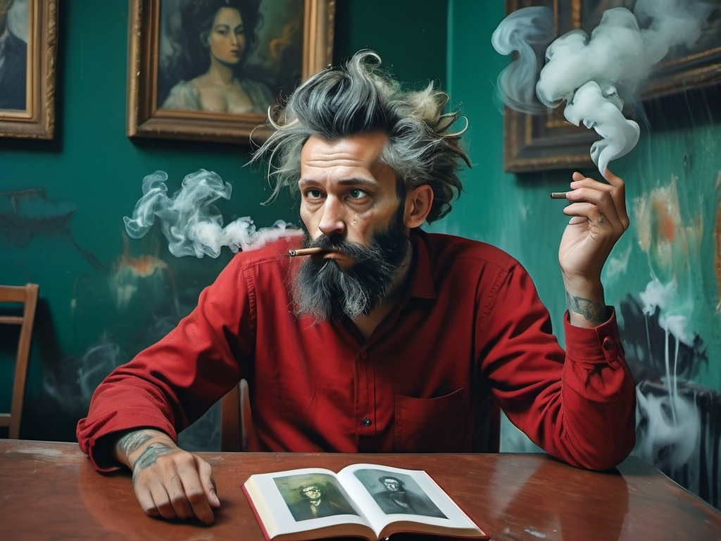 Prompt: a collector of a man with crazy hair and a beard in a frame with a green wall behind it, Affandi, serial art, character portrait, concept art smoking , background in the museum art galery , There are coffe in the table , frame Monalisa read book