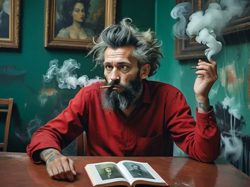 Prompt: a collector of a man with crazy hair and a beard in a frame with a green wall behind it, Affandi, serial art, character portrait, concept art smoking , background in the museum art galery , There are coffe in the table , frame Monalisa read book