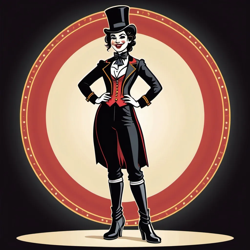 Prompt: a vector style illustration of a female circus ringleader with top hat, black trousers and black boots. She is confident and smiling, facing forward. it does not look like a cartoon