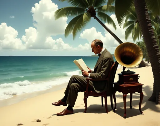 Prompt: gentleman from the 1920s dressed for summer weather. He is sitting alone on a chair on a tropical island beside the ocean. Next to him is an antique gramophone. He is reading a musical score. He should not be wearing a coat or glasses. His legs should not be crossed. He should not be wearing shoes. Instead, he should be in bare feet. He should be about 40 years of age. He should not be wearing glasses. Aspect should be rectangular.