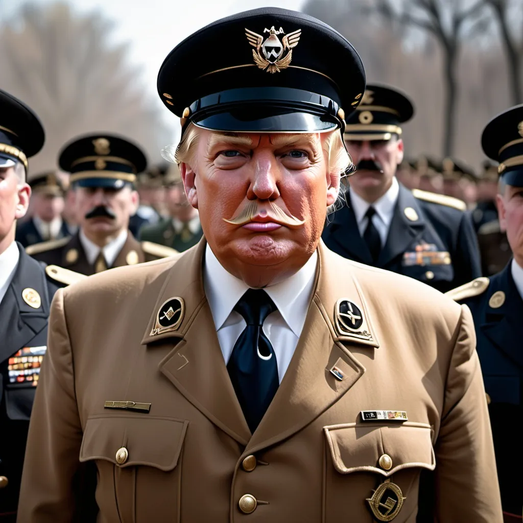 Prompt: Donald trump dressed as hitler in uniform