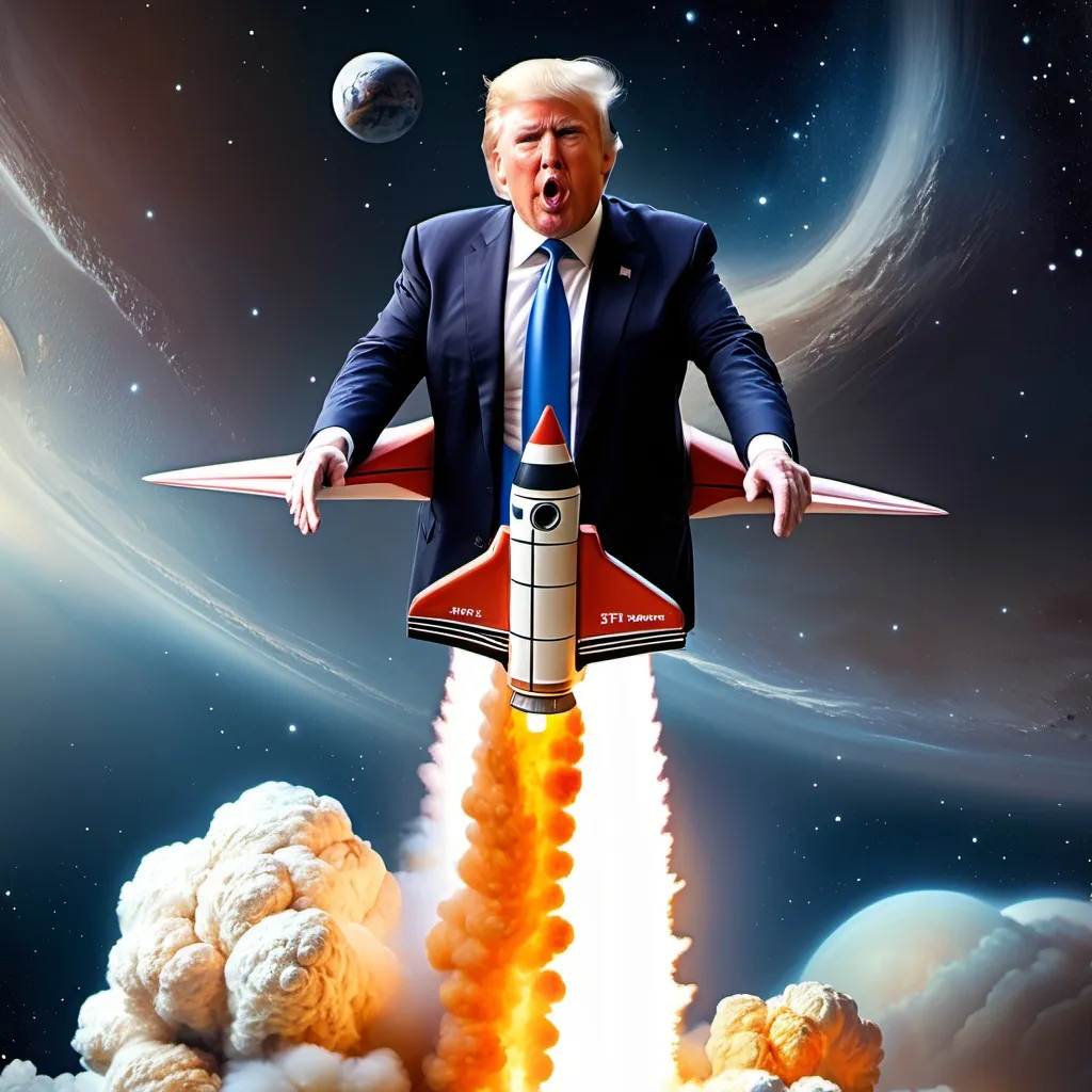 Prompt: Donald trump and riding a rocket into space