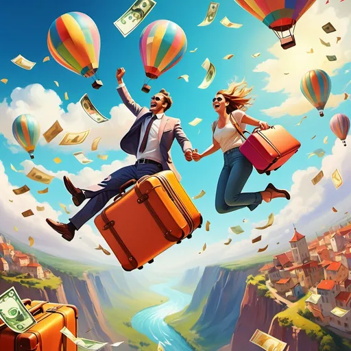 Prompt: (vibrant scene) happy man soaring through the sky, surrounded by beautiful woman, expansive and picturesque landscape below, scattering tickets and money in the air, colorful luggage floating alongside, uplifting atmosphere, bright and cheerful colors, sunny skies, ultra-detailed, high definition, dynamic movement.