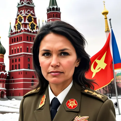 Prompt: Tusli gabbard in a Soviet uniform with the current russian flag and the Kremlin in the backg