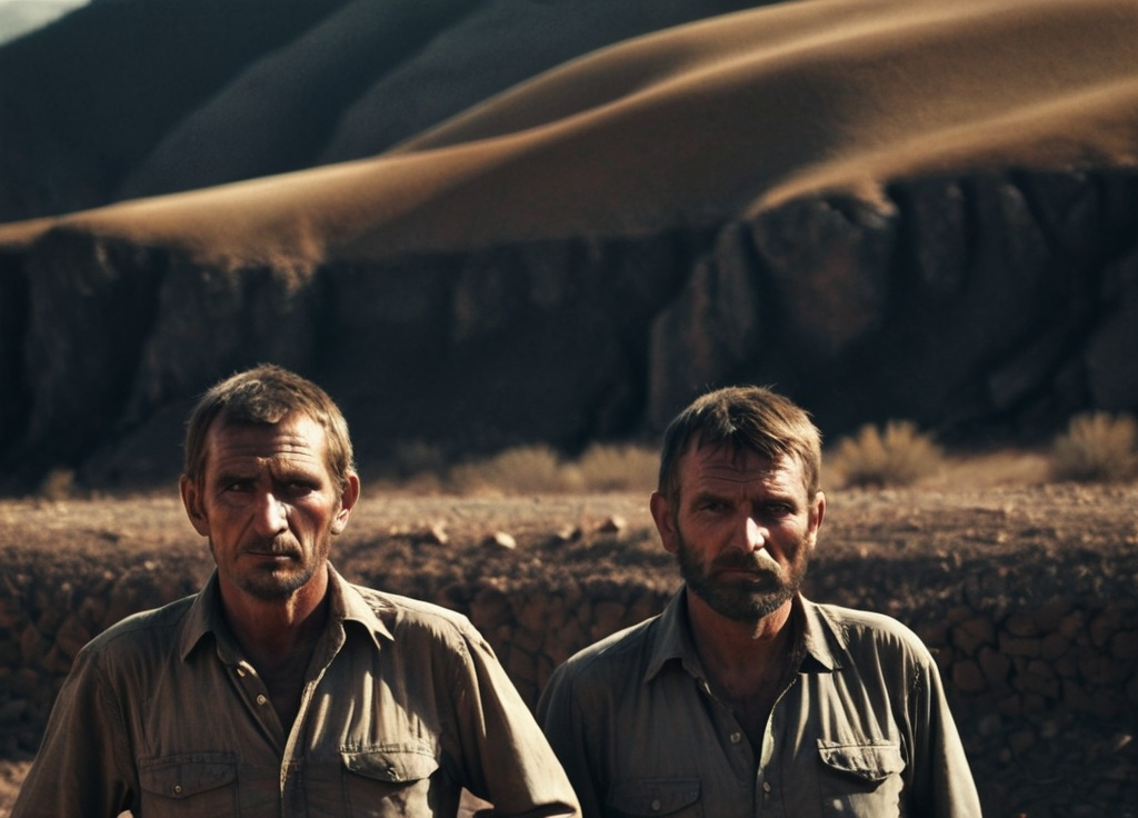 Prompt: Three Country man
 looking straight on with the camera
with a straight face 
close up shot
Mountains it background 
Dry land 
Dead country side
Dark country 
