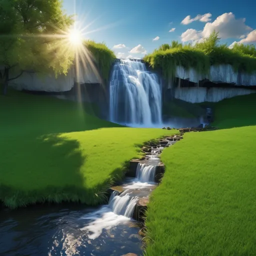 Prompt: a pretty, blue, morning sky with clouds and a low sun, green grass landscape with a waterfall