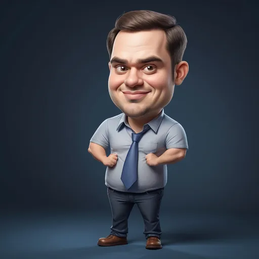 Prompt: Create a realistic-looking 4D caricature of a 30-year-old man with different facial features, such as fat 
strong jawline and expressive eyes. He wore a dark blue shirt, adding to the impression of assertiveness. Her face has a realistic texture with slight wrinkles around the eyes and a gentle smile. The background should be neutral, gently highlighting the man's features and helmet, creating a realistic and charming 4D effect. portrait character