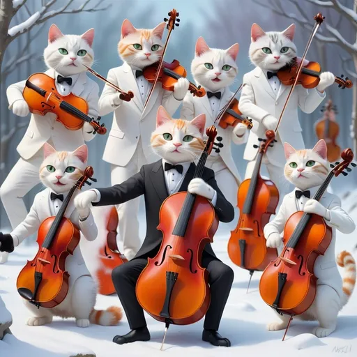 Prompt: A (lively group of cats) playing violins, dressed in (white outfits) and (white suits), except for one prominent cat at the front in a striking (black suit), skillfully playing the cello. Playing in a snowy landscape. The scene is filled with joy, capturing the playful energy of the performance. The background features a cheerful setting with soft pastel colors, enhancing the vibrant atmosphere, all in ultra-detailed, high-quality 4K resolution. Set in a white snowy landscape