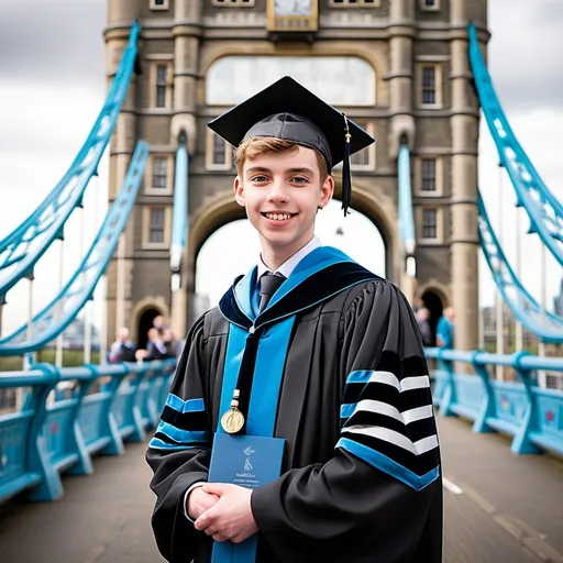 Prompt: A young man has a graduation photo in London Tower Bridge and wear a rop