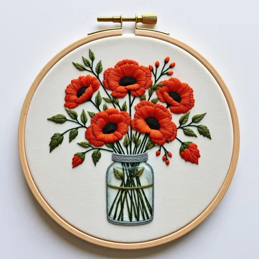 Prompt: a simple embroidery of poppies in a glass jar
