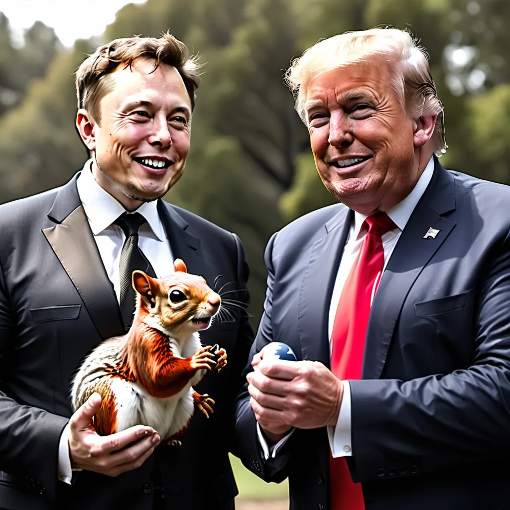 Prompt: Elon musk and trump holding peanut the squirrel with an American flag