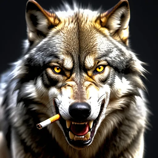 Prompt: Rabid wolf in a variation of grey colors and a cigarette between the teeth. Yellow eyes looking angry. 