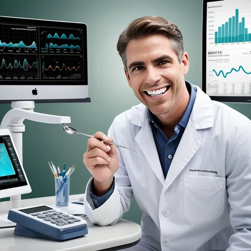 Prompt: A professional and engaging image for a financial education ad aimed at dentists. The scene should feature a confident dentist in their office, looking at a financial graph on a computer or mobile device, while holding a dental instrument. The background should be modern and clean, reflecting a professional and comfortable environment. The image should convey a sense of financial success, empowerment, and personal growth. Include elements such as rising financial charts, money symbols, and clear typography that says: 'Manage Your Success: Learn to Optimize Your Finances.' Dominant colors: blues and greens to convey calmness and trust. Hyper realistic, impactful, 8k, --ar 9:16