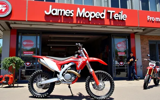 Prompt: i need a picture of a Dirtbike shop called "James Moped Teile" There should be a dirtbike standing infrot of a nice dirtbike part store. The colours chould be warm it schould look very professionell