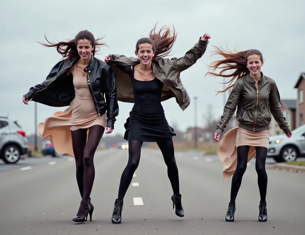 Prompt: hurricane stong wind, young athletic mother dancing with two teen skinny girls, looks wild and dramatic, windblown pleated skirts, brown tights, against strong wind, front view, windblown long oversized transparent raincoats, parking lot, photorealistic