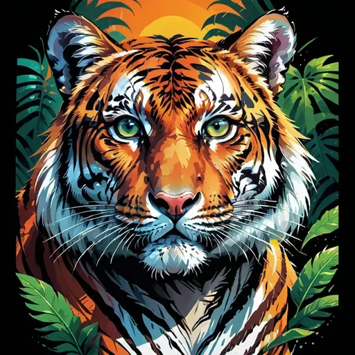 Prompt: (vibrant tiger), intense stripes and powerful posture, rich natural colors, warm and cool tones blending, lush background of dense jungle foliage, sunlight filtering through leaves, (HD), majestic and fierce aura, dynamic composition capturing the essence of the wild, breathing life into the formidable beauty of this magnificent creature.