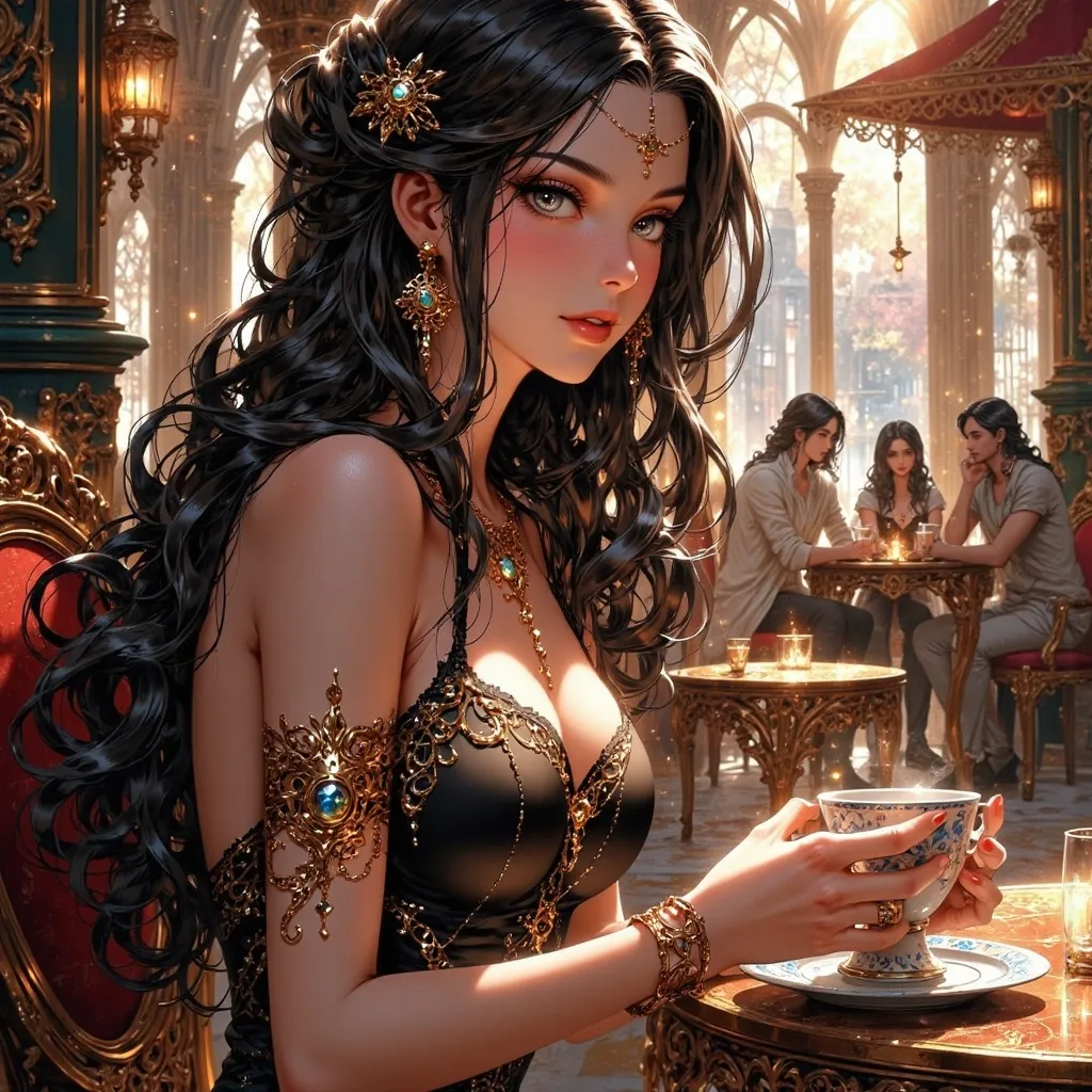 Prompt: a woman in love with long brown flowing hair brown eyes slender figure red lips white skin boho style dress sitting at a city cafe drowning in though 