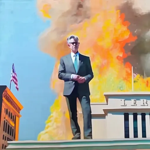 Prompt: Portrait of a Jerome powell standing on top of the Federal Reserve Bank while it is burning, very thick Impasto, impressionism, vibrant colors