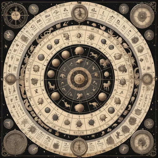 Prompt: A detailed drawing of the zodiac chart! Very detailed old world style