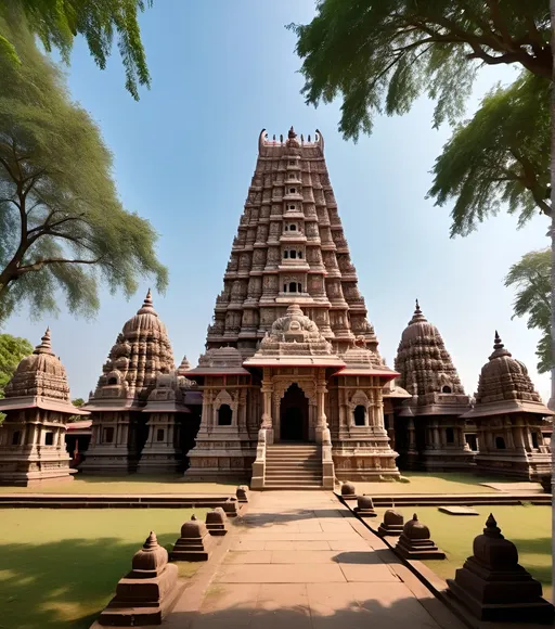 Prompt: An intricately designed Hindu temple, standing majestically on a lush green landscape. The temple is adorned with detailed sculptures of Hindu gods and goddesses, and its towering spires (Shikhara) are covered in ornate carvings and vibrant colors. The temple is surrounded by large stone pillars, with intricately carved images of mythological stories and divine figures. The atmosphere is serene, with soft sunlight casting long shadows across the temple grounds. A sacred pond or courtyard might be visible, with devotees or priests performing rituals in traditional attire. The background features a clear blue sky and distant mountains."

This description should guide the AI to generate an image that embodies the grandeur, spirituality, and intricate artistry of Hindu temple architecture