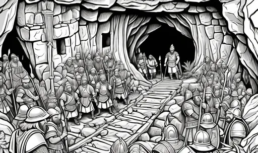 Prompt: Upper view, children coloring page, Make a black and white doodle about an ancient king hiding in front of a cave and surrounded by many ancient soldier, hyper detailed, small objects, scavenger hunt