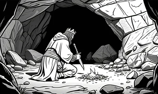 Prompt: Shot from back, children coloring page, Make a black and white doodle, an epic scene of an assassin holding small knife kneeling behind an ancient king(shot from behind, robe, crown), the place is inside a cave full of stone and rock, hyper detailed, small objects, scavenger hunt