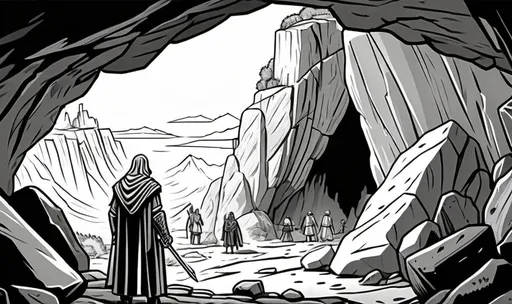 Prompt: Shot from back, children coloring page, Make a black and white doodle, an epic scene of an armed assassin hiding behind the rock, in the background there is an ancient king(shot from behind, robe, crown), the place is inside a deep cave full of stone and rock, hyper detailed, small objects, scavenger hunt