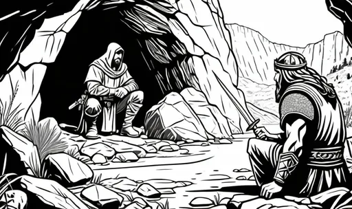 Prompt: Shot from back, children coloring page, Make a black and white doodle, an epic scene of an assassin holding knife kneeling behind an ancient king, the place is a cave full of stone and rock, hyper detailed, small objects, scavenger hunt