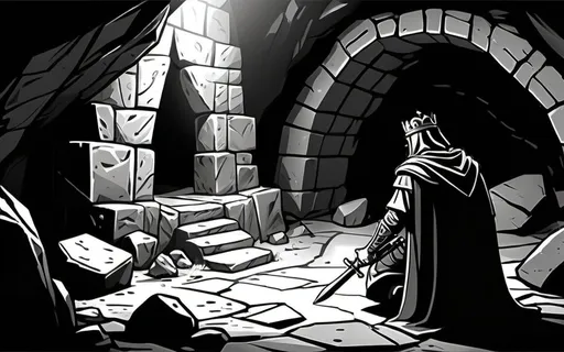 Prompt: Shot from back, children coloring page, Make a black and white doodle, an epic scene of an armed assassin kneeling hiding behind the rock, in the far background there is an ancient king sit on a rock(shot from behind, robe, crown), the place is inside a dungeon full of stone and rock, hyper detailed, small objects, scavenger hunt, dynamic pose