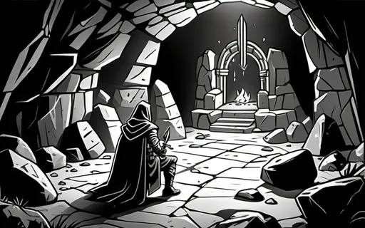 Prompt: Shot from back, children coloring page, Make a black and white doodle, an epic scene of an armed assassin kneeling hiding behind the rock, in the far background there is an ancient king sit on a rock(shot from behind, robe, crown), the place is inside a dungeon full of stone and rock, hyper detailed, small objects, scavenger hunt, dynamic pose