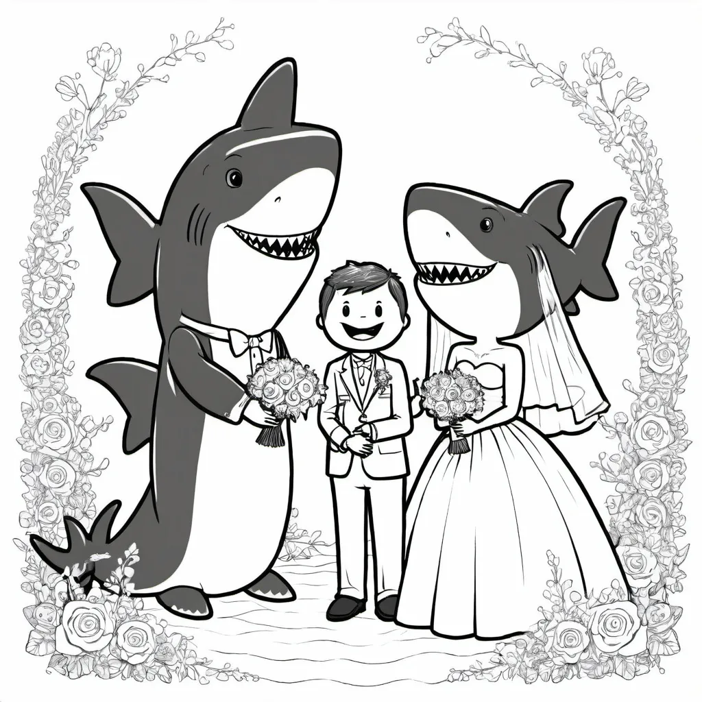 Prompt: Two bride and groom sharks get married